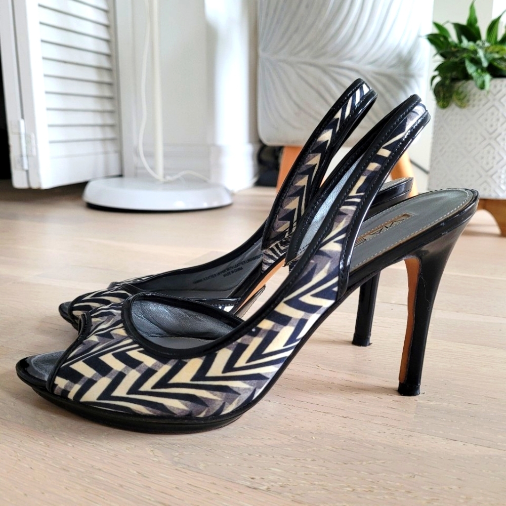 Via Spiga Zebra Print Satin Sling Back Heels Platform Size 8 1/2M